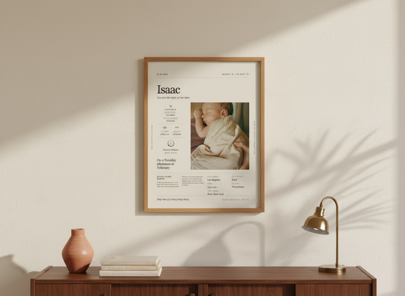 A framed Ordinary Sundays baby memory print hanging on a sunlit living-room wall above a walnut credenza